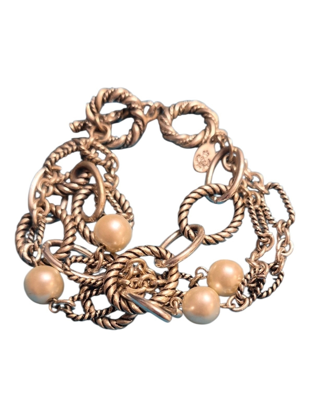 Vtg Premier Designs Silver-Tone Rope Chain Bracelet with Champagne Pearl Drops
